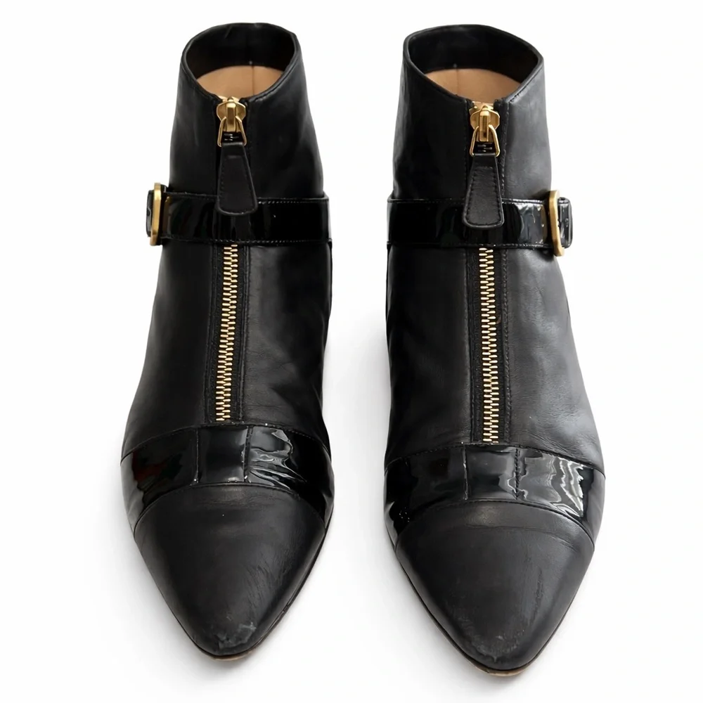 CHANEL Black Leather Ankle Point Toe Boots with Gold Zipper